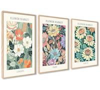 ag.art deco Affiche Decoration Murale con Cadre 50x70 cm | Affiche Murale con Cadre en Bois | Poster Mural pour Salon et Chambre à Coucher | Lot de 3 Tableaux (Marché aux Fleurs)