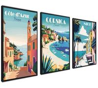 ag.art deco Affiche Decoration Murale con Cadre 50x70 cm | Affiche Murale con Cadre Noir | Poster Mural pour Salon et Chambre à Coucher | Lot de 3 Tableaux (Côte d'Azur)