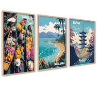 ag.art deco Affiche Decoration Murale con Cadre A3 30x40 cm | Affiche Murale con Cadre en Bois | Poster Mural pour Salon et Chambre à Coucher | Lot de 3 Tableaux (Voyage en Asie)