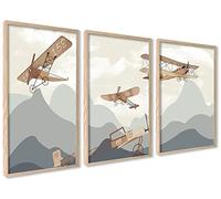 ag.art deco Decoration Chambre Bebe con Cadre 50x70 cm | Affiche Decoration Murale Enfant | 3 Tableaux pour Décoration Chambre Fille ou Garcon | Poster Mural (Avion & Montagnes)