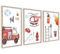 ag.art deco Lot de 3 Décoration Chambre Bébé 30x40cm Avec Cadre | Pompiers, Décoration Murale, Bois MDF Robuste, pour Salon et Chambre, Design Moderne, Chambre Bébé, Décoration Enfant, Salon