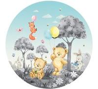 AG ART Papier peint intissé auto-adhésif rond animaux de la foret - ourson, lapin, renard en noir et blanc - 70 x 70 cm Multicolors G