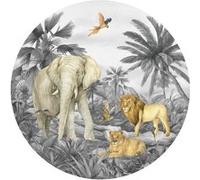 AG ART Papier peint intissé auto-adhésif rond animaux de la jungle - Lion, éléphant, perroquet en noir et blanc - 70 x 70 cm Multicolors G