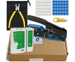 AG LogiShop Kit d'outils de sertissage RJ45 + pince + dénudeur de câble + testeur de connexion + 50 connecteurs + 50 étuis + sac de rangement | Cat5/5e/6/7 + 6P/8P