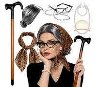 AgagaQx Deguisement Grand Mere avec 9 PCS, Perruque Mamie Grise avec Chignon, Perruque Grand Mere pour Déguisement Grand-Mère, Costume Vieille Femme, Déguisement Mamie Vieux Dame pour Carnaval
