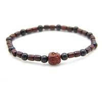 agathe création BP010 Bracelet tibetain Porte Bonheur - Perle Centrale en Bois d'acajou scultpée Bouddha Rieur 4 Face - Perles Bois d'ébéne - Marron - Taille sur Mesure - Fait Main