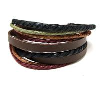 agathe création - Bracelet tibetain Porte Bonheur - en Cuir et Chanvre - Marron, Noir Rouge et Vert - Fait Main