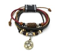 agathe création - Bracelet tibetain Porte Bonheur - Pendentif Ancienne Piece de Monnaie Chinoise - Cuir, Chanvre et Perles de Bois, Terre Cuite et métal - Multicolor - Taille sur Mesure - Fait Main