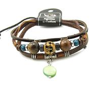 agathe création YS689 Bracelet tibetain Porte Bonheur - Pierre Oeil de Tigre - Cuir et Perles de Bois, os et métal - Multicolore - Fait Main