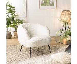 Agathe - fauteuil cosy tissu bouclette blanc pieds métal noir