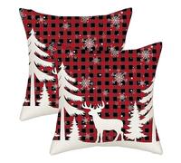 AGAYNA Lot de 2 housses de coussin de Noël 45,7 x 45,7 cm - Motif à carreaux de buffle rouge et noir - Pour canapé, hiver, flocon de neige, cerf, arbre - Décorations pour canapé-lit