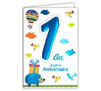 Age Mv 69-2000 Carte Joyeux Anniversaire 1 an Bébé Garçon Fille motif Hérisson Cadeau Montgolfière Ballon Oiseaux