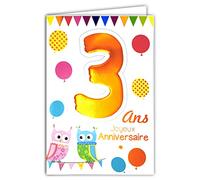 Age Mv 69-2003 Carte Joyeux Anniversaire 3 ans Enfant Garçon Fille motif Chouettes Hiboux Oiseaux Ballons Fanions