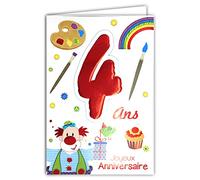 Age Mv 69-2004 Carte Joyeux Anniversaire 4 ans Enfant Garçon Fille motif Clown Cadeau Oiseau Gâteau Cupcake Peinture Pinceaux Arc-en-ciel