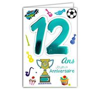 Age Mv 69-2012 Carte Joyeux Anniversaire 12 ans Ados Garçon Fille motif Coupe Gagnant Champion Championne Gâteaux Cupcakes Instruments de Musique Foot