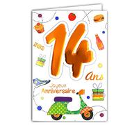 Age Mv 69-2014 Carte Joyeux Anniversaire 14 ans Ados Garçon Fille motif Scooter Vespa Cadeaux Gâteau Cupcake Hamburger Basket