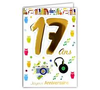 Age Mv 69-2017 Carte Joyeux Anniversaire 17 ans Garçon Fille Jeune Homme Femme motif Casque Musique Disque vinyle Chouettes Hiboux Livres