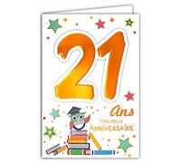 Age Mv 69-2023 Carte Anniversaire 21 ans Jeune Homme Femme motif Etudiant Etudiante Lecture Livres Diplôme Chouette Hiboux Etoiles