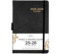 Agenda 2025-2026 - Calendrier hebdomadaire mensuel 2025-2026, juillet 2025 à juin 2026, 14 x 21,6 cm, avec couverture en cuir, porte-stylo, fermeture élastique, 24 pages lignées