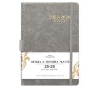 Agenda 2025-2026 - Calendrier hebdomadaire mensuel de juillet 2025 à juin 2026, 14 x 21,6 cm, avec couverture en cuir, porte-stylo, fermeture élastique, pages lignées