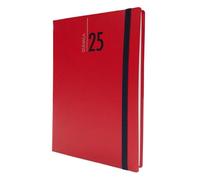 Agenda 2025 Journalier 15 x 21 cm A5 couverture souple synthétique fermeture avec élastique - rouge rubis bureau restaurant coiffeur pages à rayures + stylo à clic et signet