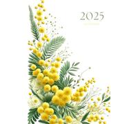 Agenda 2025 semainier A5 vertical avec des fleurs de mimosa: Planificateur hebdomadaire 12 mois, samedi dimanche entier, intervalles de 30 minutes, double page, français, femme, fille, jaune.