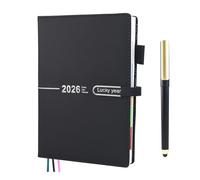 Agenda 2026 2026 avec stylo, 12 mois, format A5, page par jour, de janvier 2026 à décembre 2026, planificateur quotidien avec onglets mensuels et panneaux latéraux colorés, boucle pour stylo, poche
