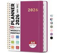 Agenda 2026 à décembre 2026 - Agenda hebdomadaire et mensuel à spirales à couverture rigide avec onglets mensuels, pages de notes, parfait pour homme et femme, format A4 - Framboise (21,6 x 27,9 cm)