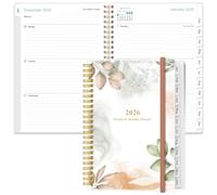Agenda 2026 - Agenda hebdomadaire et mensuel à spirale, format A5, janvier 2026 à décembre 2026, avec couverture flexible, onglets, poche intérieure, 16,3 x 21,6 cm, feuille de rose