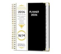 Agenda 2026 hebdomadaire et mensuel de janvier 2026 à décembre 2026, couverture rigide avec onglets mensuels, sangle de fermeture élastique, poche intérieure, reliure à double spirale, format A5 (15,7