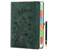 Agenda 2026 Journalier A5 - Une Page par Jour, Janv.-Déc., Planificateur Quotidien et Mensuel, Onglets Mensuels Colorés, Design Floral, Porte-stylo Élastique, Couleur Vert de Mer