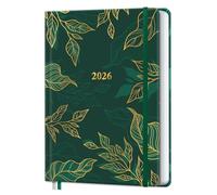 Agenda 2026 Journalier et Semainier, Carnet de Plan Relié avec Couverture Rigide Format A5 Sur 12 Mois (Janvier 2026 - Décembre 2026), Avec Ruban Signet et Lacet Élastique - Feuille Verte