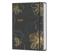 Agenda 2026 Journalier et Semainier, Carnet de Plan Relié avec Couverture Rigide Format A5 Sur 12 Mois (Janvier 2026 - Décembre 2026), Avec Ruban Signet et Lacet Élastique - Or Noir