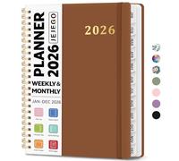 Agenda 2026, semainier et mensuel, de janvier 2026 à décembre 2026, couverture rigide à spirale avec onglets mensuels, pages de notes, parfait pour homme et femme, format A5 (16,3 x 21,6 cm), marron