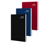 Agenda 2027 A5 une page par jour à couverture rigide | Travail de bureau quotidien avec ruban marque-page | Couverture rigide en PVC, reliure cousue, notes et planificateur annuel | Noir, bleu marine