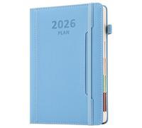 Agenda académique 2026, format A5, page par jour, année scolaire de janvier 2026 à décembre 2026, couverture rigide avec porte-stylo, poche avant, onglet mensuel coloré, fermeture