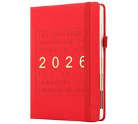 Agenda académique 2026 une page par jour de janvier à décembre avec onglets mensuels colorés, couverture rigide avec poche intérieure, marque-page (rouge)