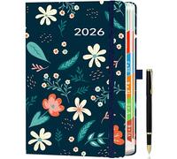 Agenda Journalier 2026 A5 - Planificateur Annuel Janv.-Déc., Une Page par Jour, Onglets Colorés, Design Floral, Porte-stylo, 2 Signets, Passant Stylo et Pochette, Bleu Nuit