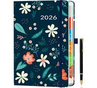 Agenda Journalier 2026 A5planificateur Annuel Janv.-Déc., Une Page Par Jour, Onglets Colorés, Design Floral, Porte-Stylo, 2 Signets, Passant Stylo Et Pochette, Bleu Nuit