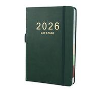 Agenda journalier 2026 annuel complet avec onglets mensuels colorés, poche intérieure fine, format A5, format A5, vert