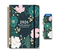Agenda journalier 2026, janvier 2026 à décembre 2026, semainier et mensuel, couverture florale tendance, reliure à double spirale, avec onglets mensuels, marque-page en PVC, poche intérieure, format