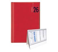 Agenda journalier 2026 Rouge F.to A4 21 x 29,7 cm - Couverture rembourrée Similicuir, Planner Journalier avec carnet d'adresses, carte et vacances + calendrier de table et stylo à cliquer
