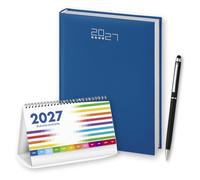 Agenda journalier 2027 15 x 21 cm Bleu roi - 336 pages, couverture rembourrée, horaires, planification mensuelle, plan vacances et objectifs - Ensemble avec calendrier de table 2027 et stylo tactile