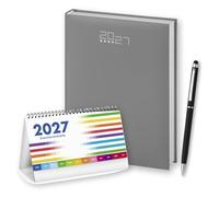 Agenda journalier 2027 15 x 21 cm Gris - 336 pages, couverture rembourrée, horaires, planification mensuelle, plan vacances et objectifs - Ensemble avec calendrier de table 2027 et stylo tactile
