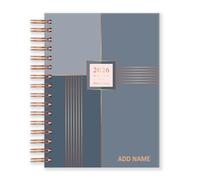 Agenda Matilda Myres 2026 A5, un jour par page - Janvier à décembre - Couverture rigide - Reliure spirale or rose - Version personnalisée - Se pose à plat pendant l'écriture - Gris