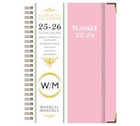 Agenda scolaire semainier 2025-2026 de juillet 2025 à juin 2026, format A5, reliure à double spirale, couverture rigide, fermeture élastique, 21,7 x 15,8 cm (rose)