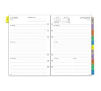 Agenda semainier 2026-2027, format A5, 6 trous, 1 semaine sur 2 pages avec onglets, notes, contact, août 2026 à juillet 2027, recharge de papier 100 g/m², calendrier 2026/27, 153 x 21 mm