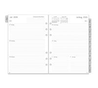 Agenda semainier 2026-2027, format A5, 6 trous, en allemand, 1 semaine sur 2 pages, avec onglets mensuels, notes, contact, août 2026 à juillet 2027, recharge de papier 100 g/m² pour calendrier 26/27