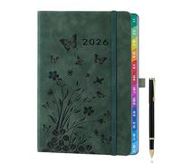 Agenda semainier A5 2026 (janv. à déc.) - Design floral vert SeeGreen avec onglets mensuels colorés, boucle et porte-stylo élastique, pochette intérieure - Planificateur hebdomadaire élégant