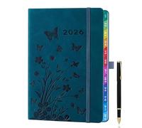 Agenda semainier A5 2026 (janv. à déc.) - Motif floral bleu paon avec onglets mensuels colorés, boucle et porte-stylo élastique, pochette intérieure - Planificateur hebdomadaire élégant